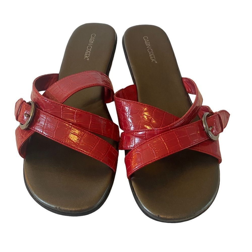 Cabin Creek Red Slip-On Rubber Sole Wedges w/Adjustable Strap & Pewter Buckle